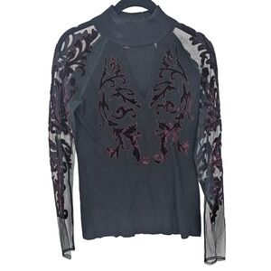 Whimsigoth Top Women Small Black Velvet Sheer Long Sleeve Y2K Witchy Vampire INC